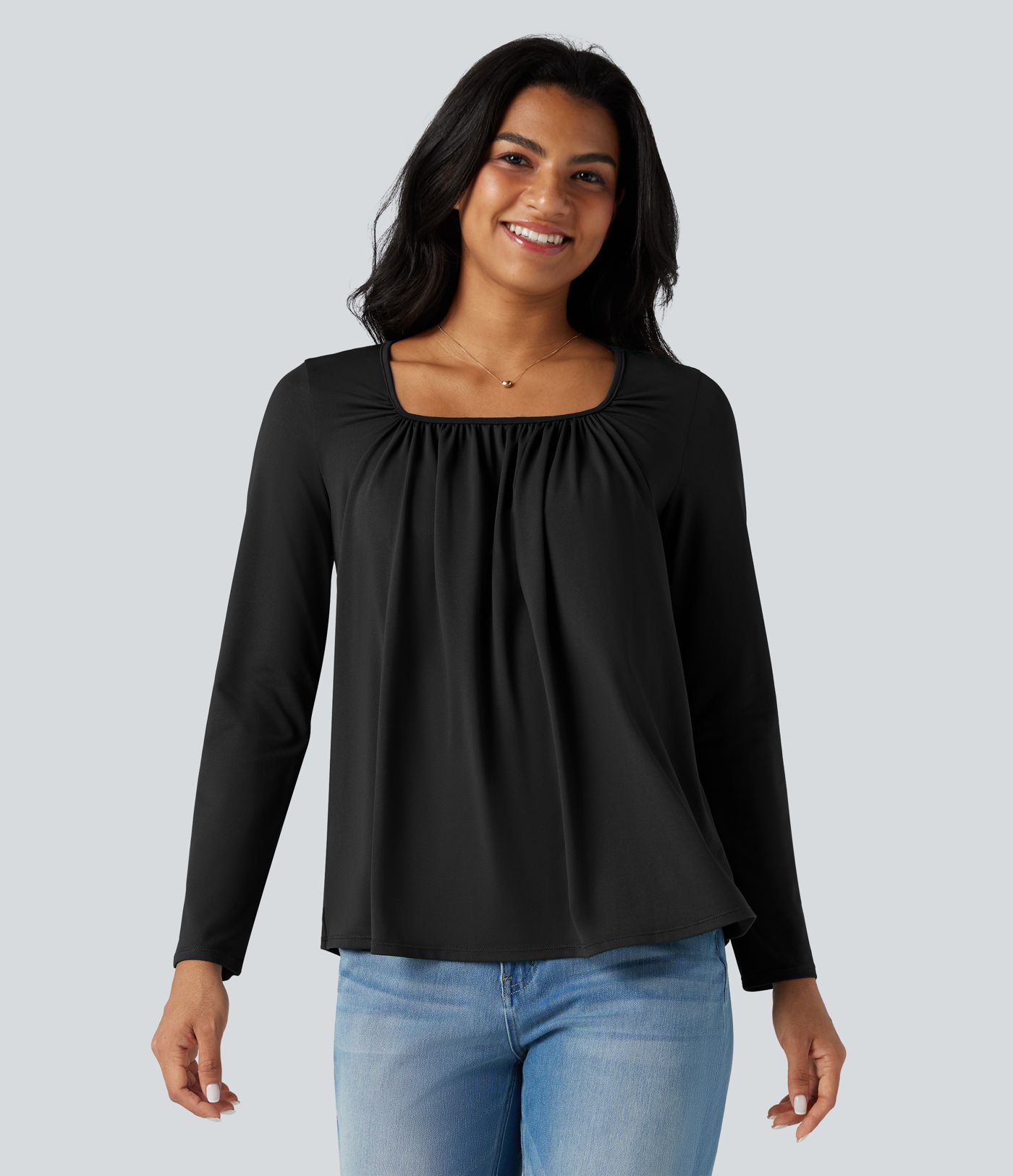Square Neck Long Sleeve Casual T-Shirt
