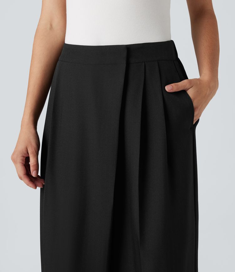 Pantalon tailleur anti-froissement baggy taille haute aspect lin avec poches