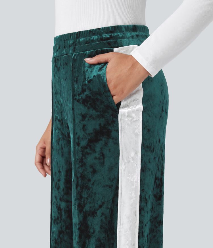 Pantalon droit décontracté en velours, taille mi-haute, cordon de serrage, empiècements colorés et poches