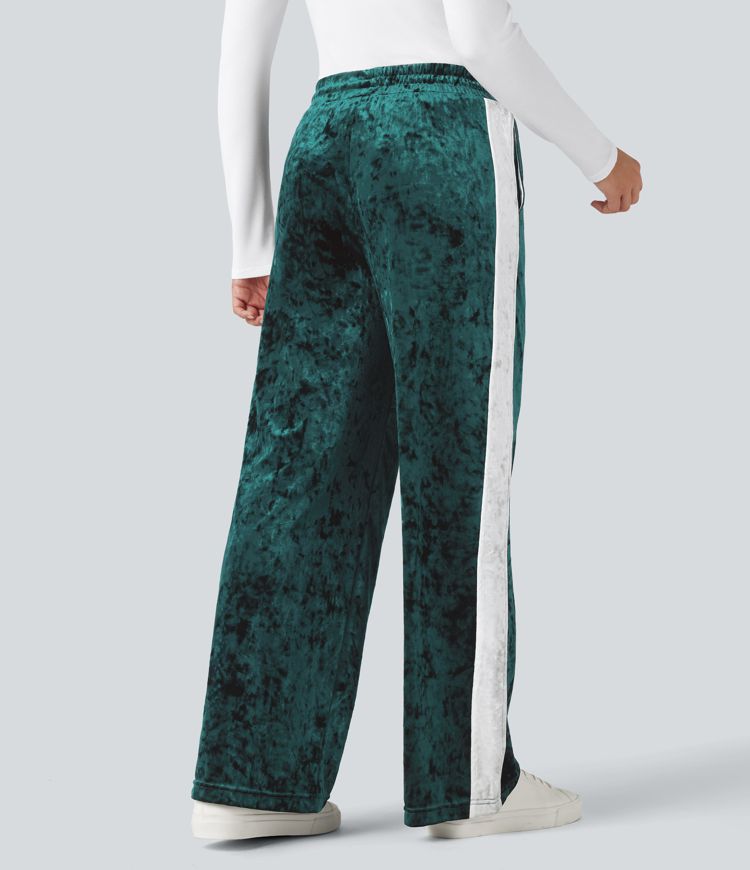 Mid Rise Drawstring Color Block Velvet Casual Straight Leg Pants with Pockets