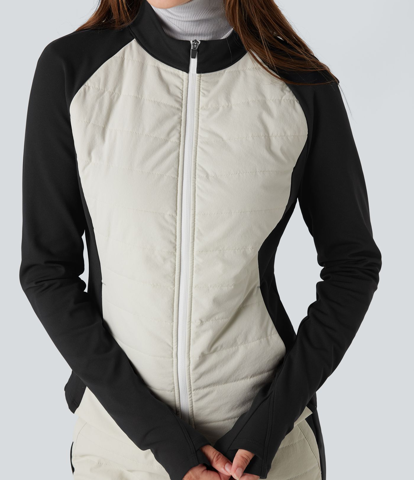 Stand Collar Thumb Holes Color Block Fleece Slim Hiking Quilted Jacket with Pockets
