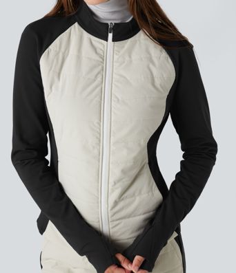 Stand Collar Thumb Holes Color Block Fleece Slim Hiking Quilted Jacket with Pockets