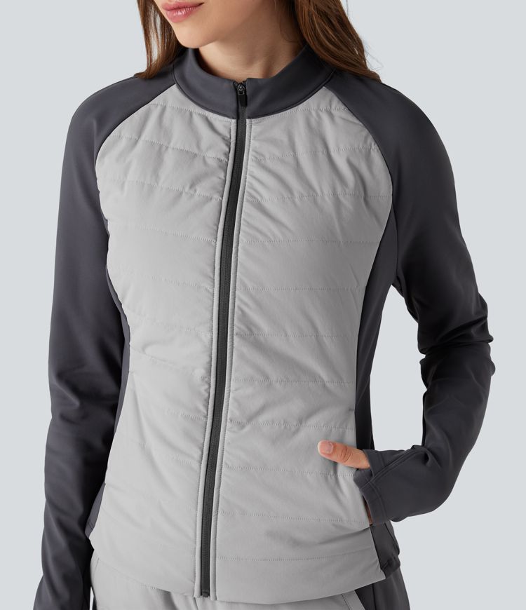 Stand Collar Thumb Holes Color Block Fleece Slim Hiking Padded Jacket with Pockets