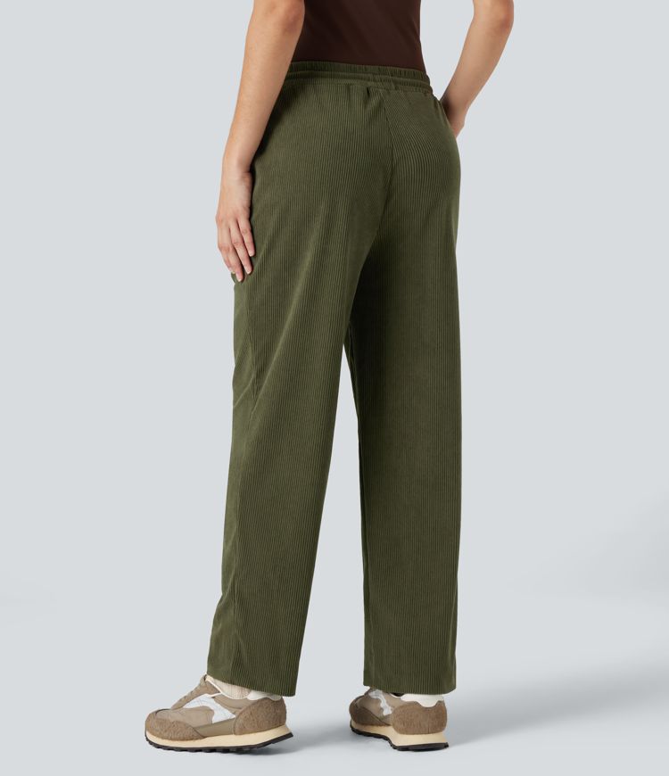 Mid Rise Drawstring Corduroy Casual Tapered Pants with Pockets