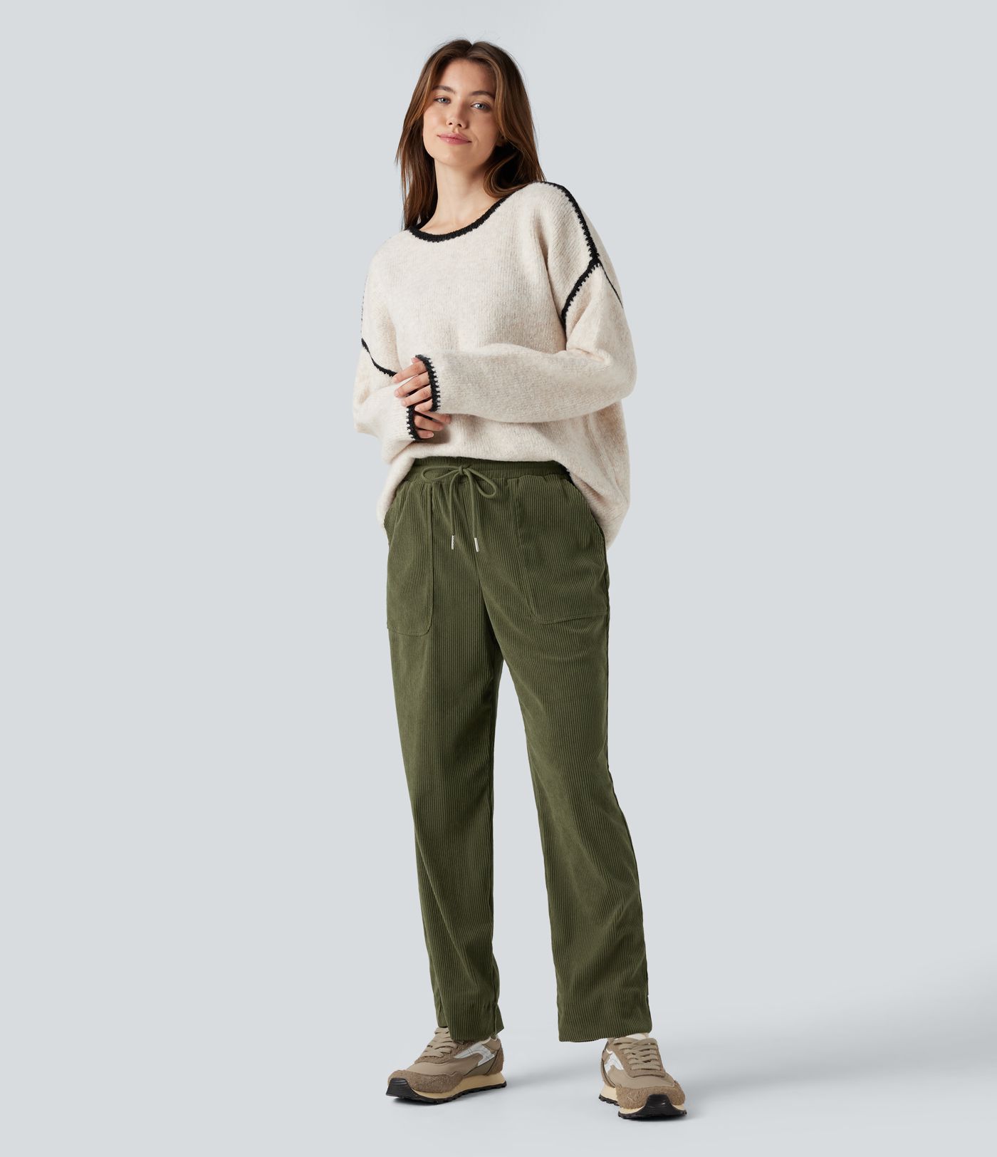 Mid Rise Drawstring Corduroy Casual Tapered Pants with Pockets
