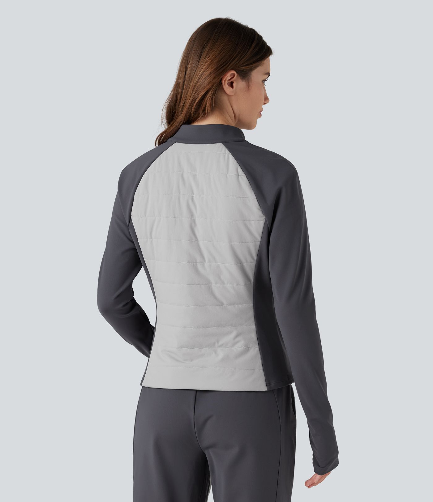 Stand Collar Thumb Holes Color Block Fleece Slim Hiking Quilted Jacket with Pockets