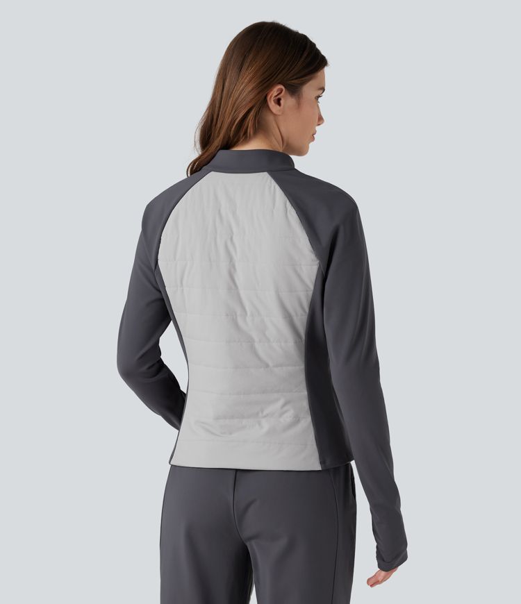 Stand Collar Thumb Holes Color Block Fleece Slim Hiking Padded Jacket with Pockets