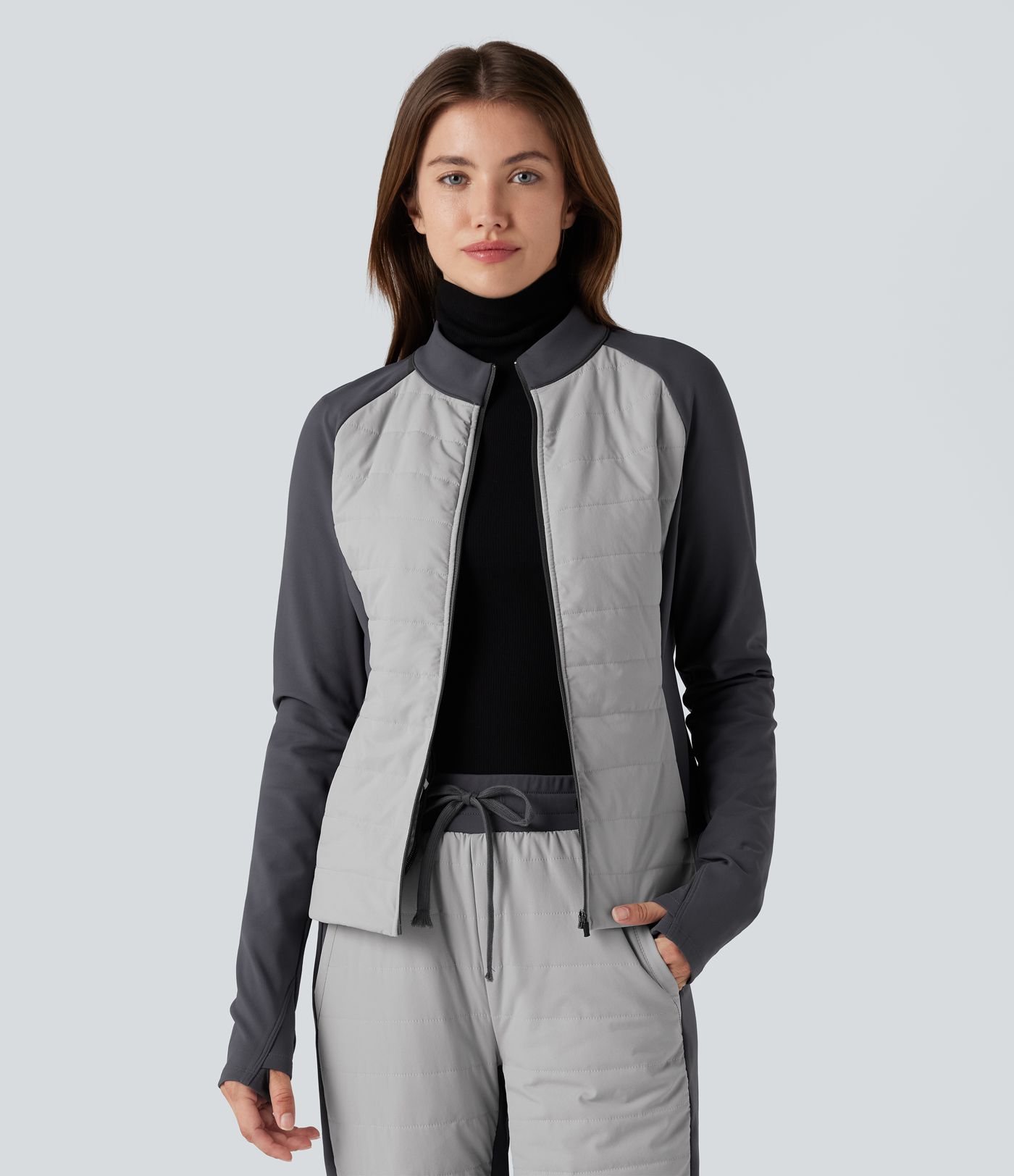 Stand Collar Thumb Holes Color Block Fleece Slim Hiking Quilted Jacket with Pockets