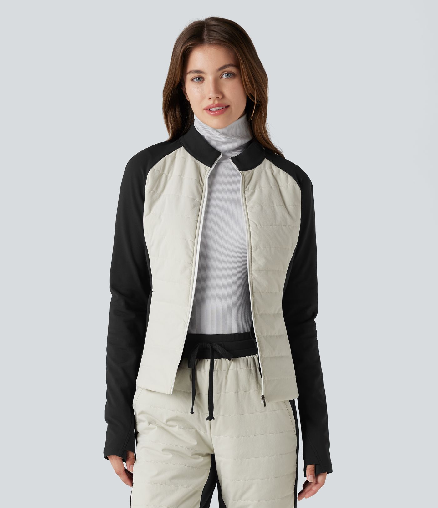 Stand Collar Thumb Holes Color Block Fleece Slim Hiking Quilted Jacket with Pockets