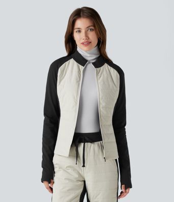 Stand Collar Thumb Holes Color Block Fleece Slim Hiking Quilted Jacket with Pockets