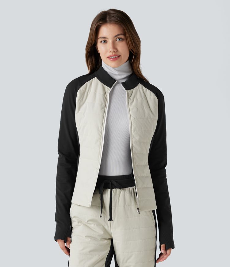 Stand Collar Thumb Holes Color Block Fleece Slim Hiking Quilted Jacket with Pockets