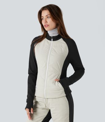 Stand Collar Thumb Holes Color Block Fleece Slim Hiking Quilted Jacket with Pockets