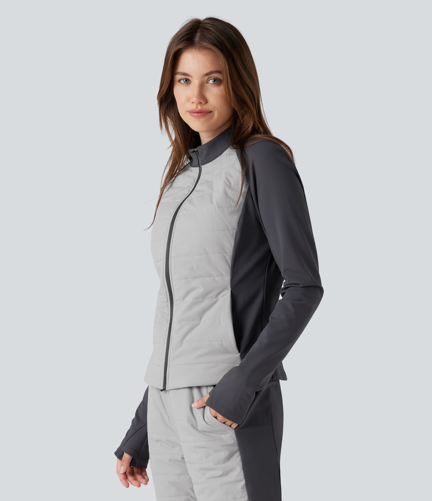 Stand Collar Thumb Holes Color Block Fleece Slim Hiking Quilted Jacket with Pockets