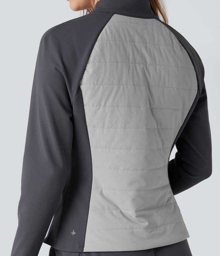 Stand Collar Thumb Holes Color Block Fleece Slim Hiking Padded Jacket with Pockets