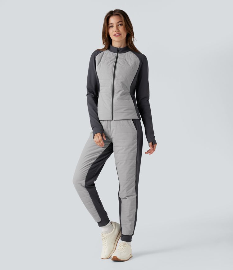 Stand Collar Thumb Holes Color Block Fleece Slim Hiking Padded Jacket with Pockets