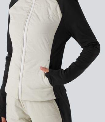 Stand Collar Thumb Holes Color Block Fleece Slim Hiking Quilted Jacket with Pockets