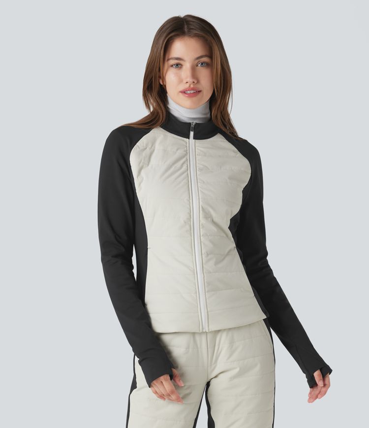 Stand Collar Thumb Holes Color Block Fleece Slim Hiking Quilted Jacket with Pockets