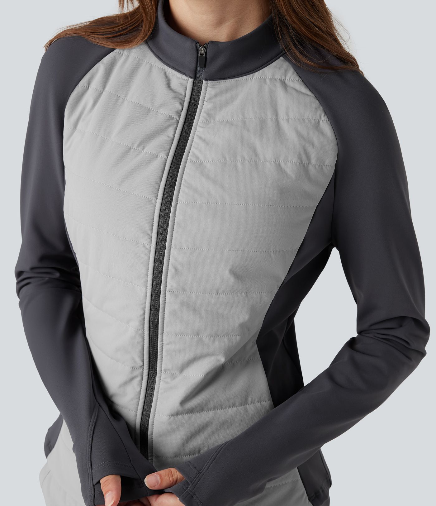 Stand Collar Thumb Holes Color Block Fleece Slim Hiking Quilted Jacket with Pockets