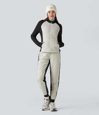 Stand Collar Thumb Holes Color Block Fleece Slim Hiking Quilted Jacket with Pockets