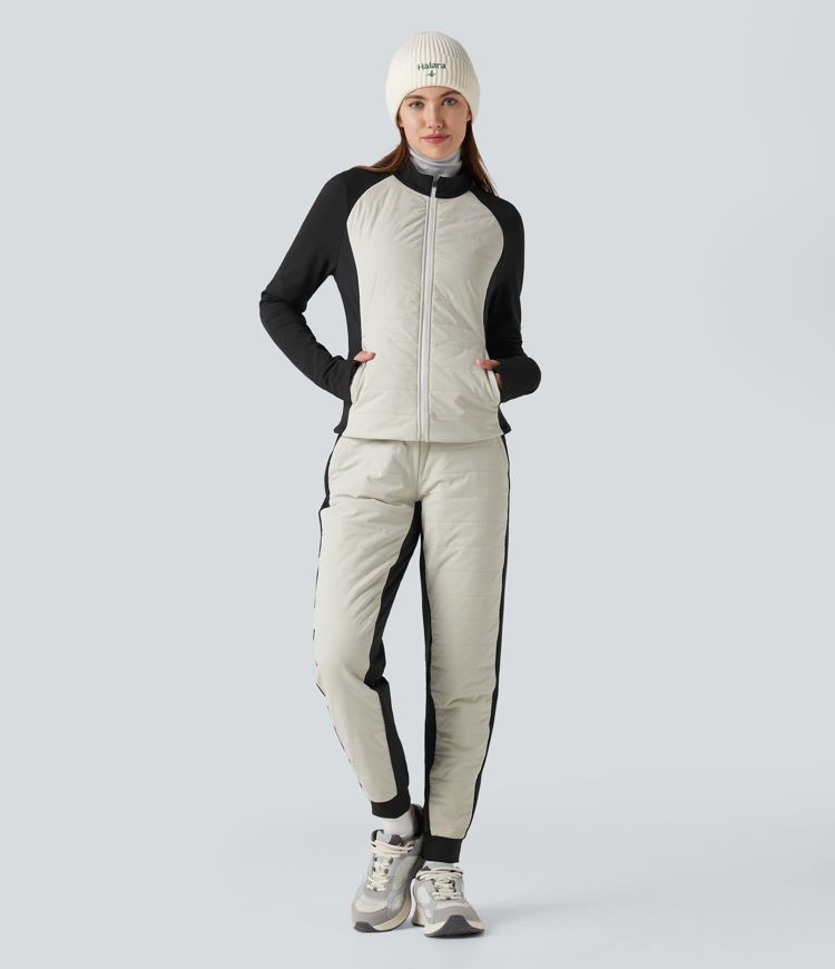 Stand Collar Thumb Holes Color Block Fleece Slim Hiking Quilted Jacket with Pockets