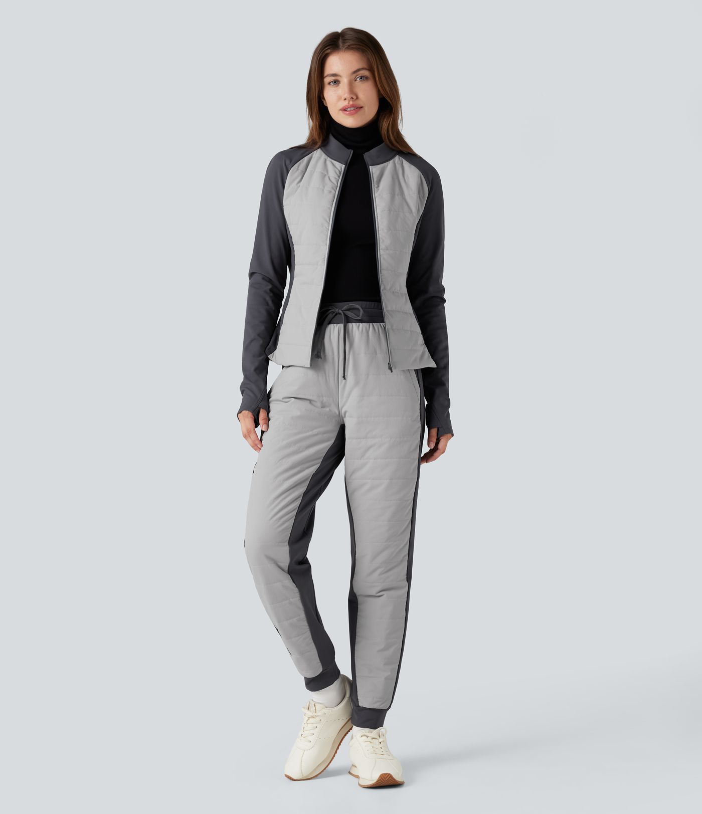 Stand Collar Thumb Holes Color Block Fleece Slim Hiking Quilted Jacket with Pockets