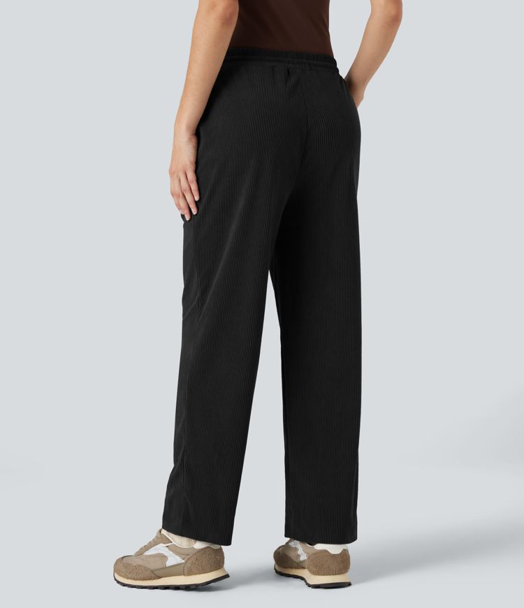 Mid Rise Drawstring Corduroy Casual Tapered Pants with Pockets