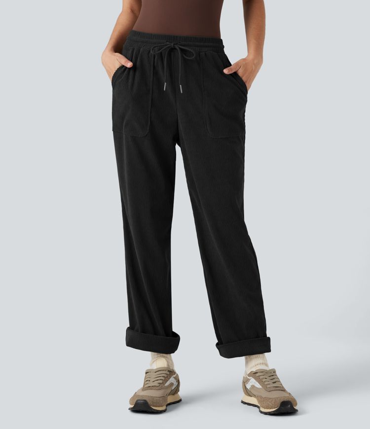Mid Rise Drawstring Corduroy Casual Tapered Pants with Pockets