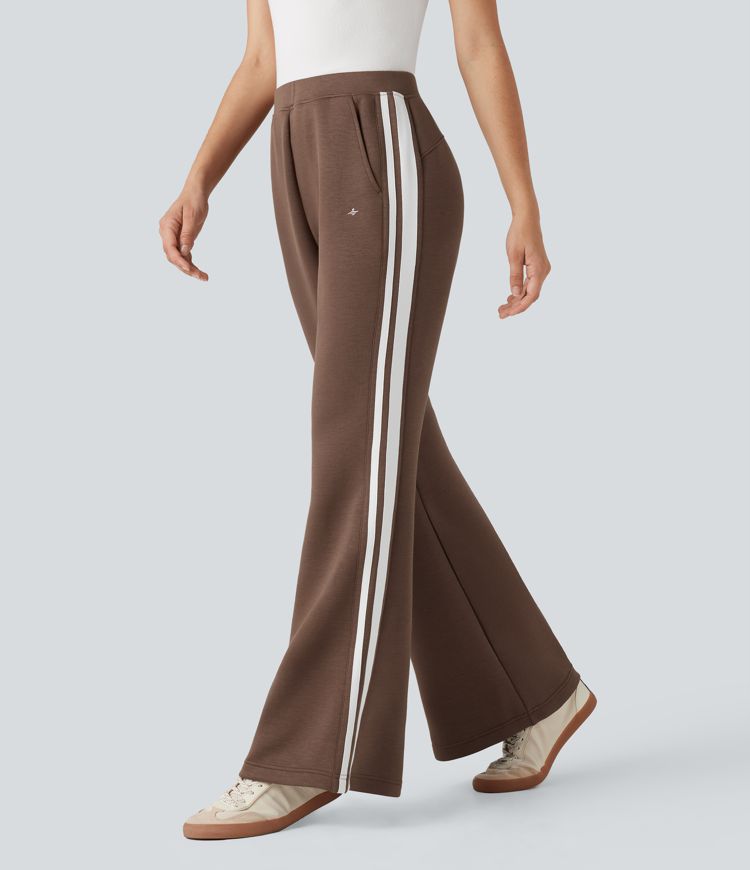 Mid Rise Stripe Casual Flare Trousers with Pockets