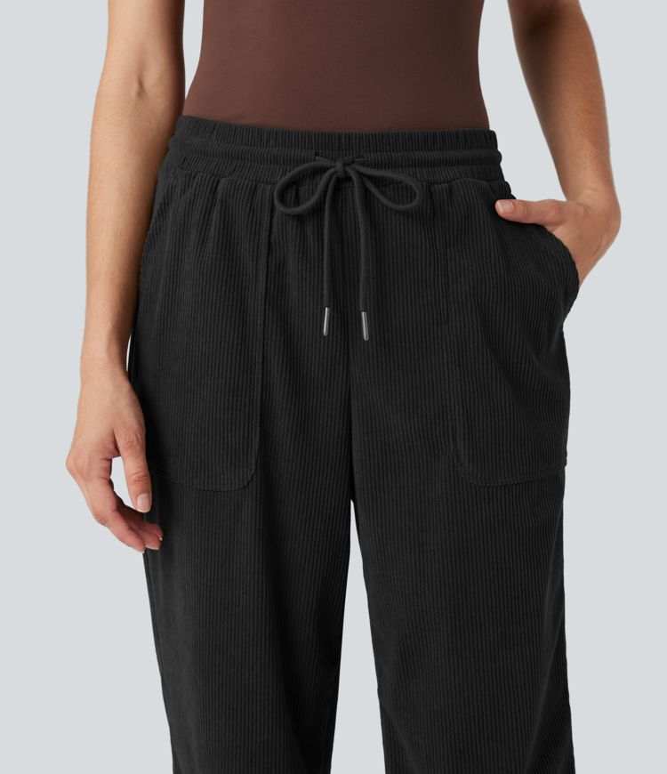 Mid Rise Drawstring Corduroy Casual Tapered Pants with Pockets