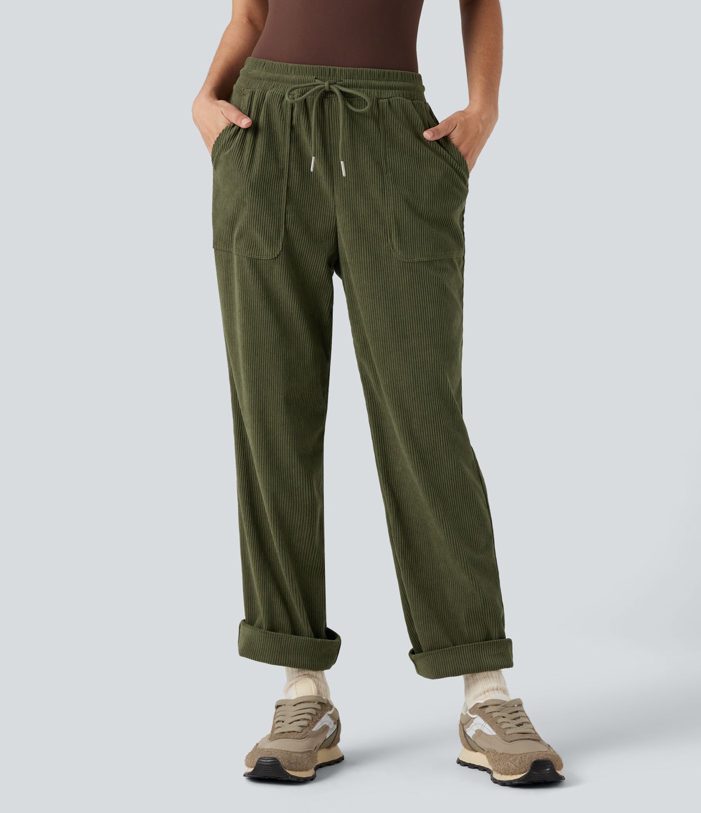 Mid Rise Drawstring Corduroy Casual Tapered Pants with Pockets