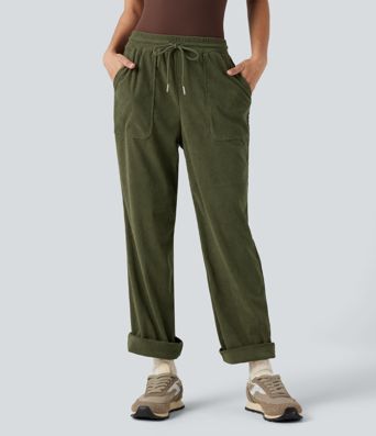Mid Rise Drawstring Corduroy Casual Tapered Pants with Pockets