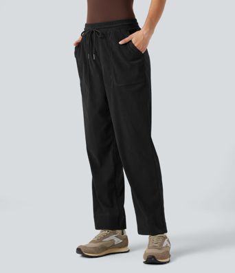 Mid Rise Drawstring Corduroy Casual Tapered Pants with Pockets