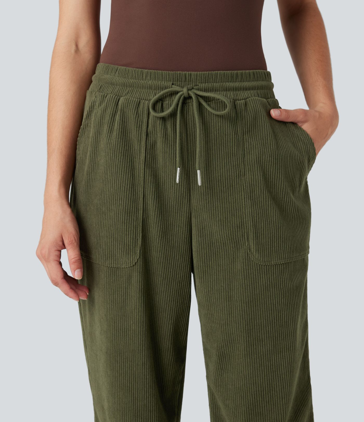 Mid Rise Drawstring Corduroy Casual Tapered Pants with Pockets
