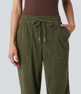 Mid Rise Drawstring Corduroy Casual Tapered Pants with Pockets
