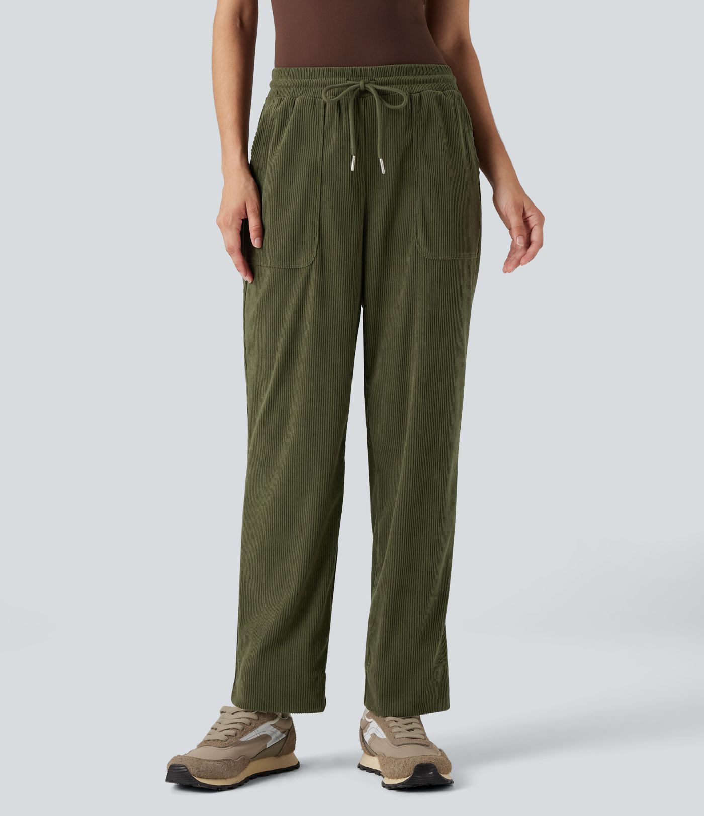 Mid Rise Drawstring Corduroy Casual Tapered Pants with Pockets