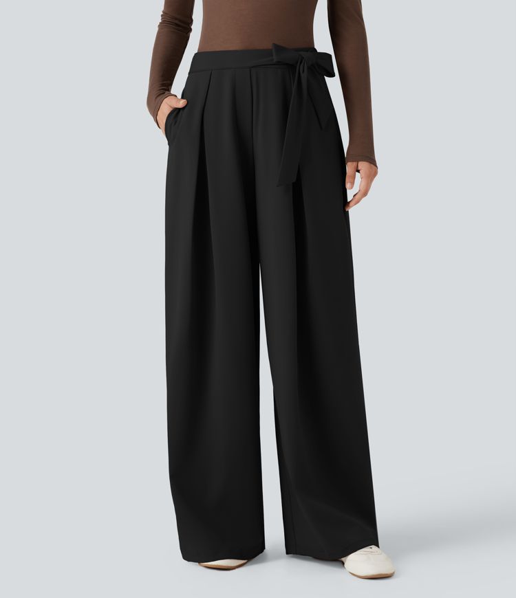 High-waisted Tie Casual Baggy Pants with Pockets
