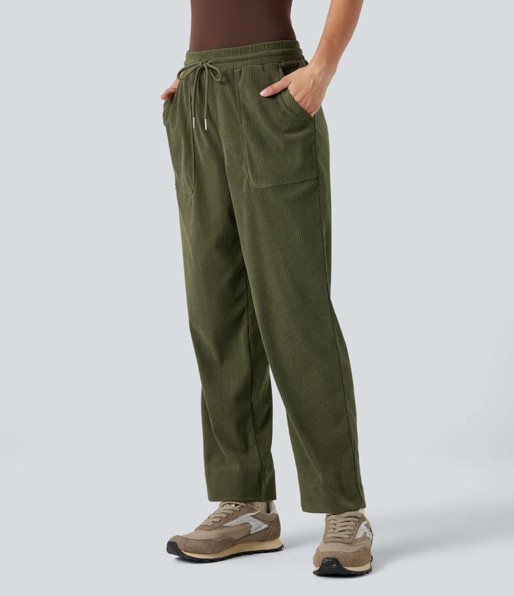 Mid Rise Drawstring Corduroy Casual Tapered Pants with Pockets