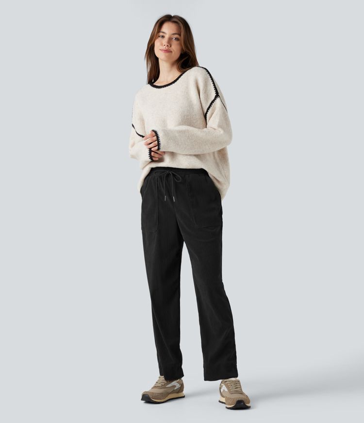 Mid Rise Drawstring Corduroy Casual Tapered Pants with Pockets