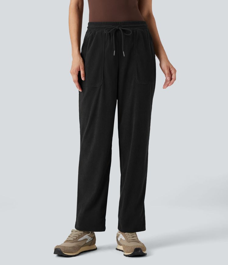 Mid Rise Drawstring Corduroy Casual Tapered Pants with Pockets