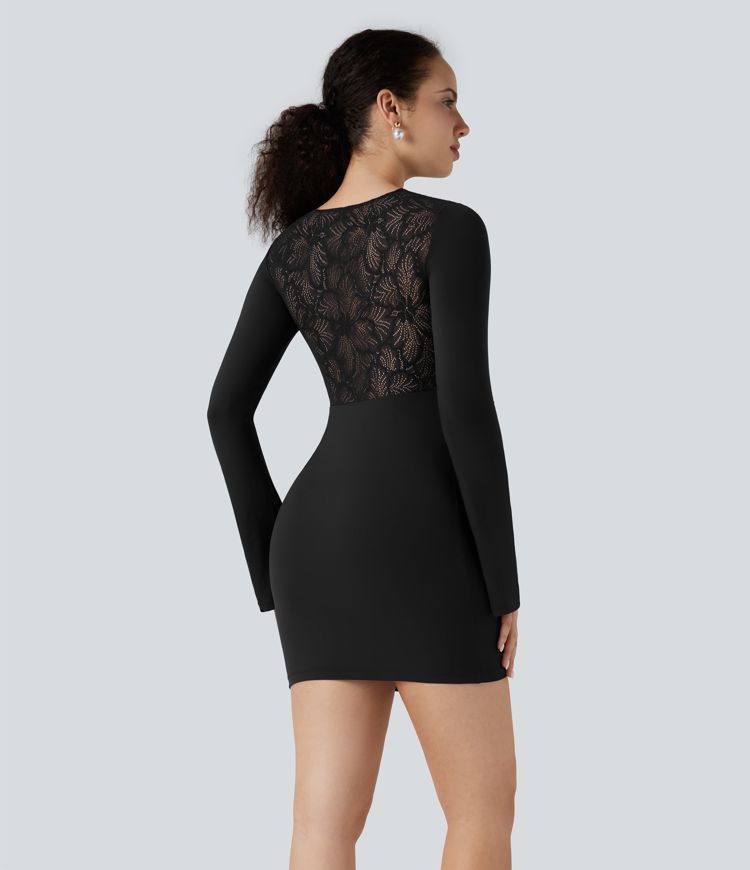 SoftlyZero™ Contrast Lace Long Sleeve Ruched Bodycon Mini Party Dress-UPF50+