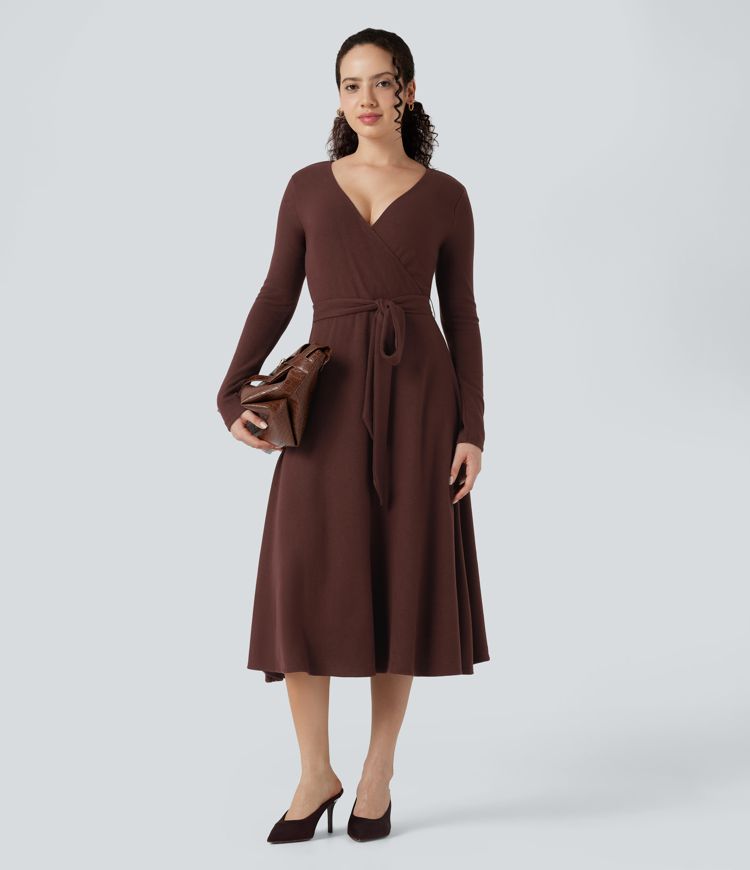Ribbed Knit V-neck Long Sleeve Belted Midi Work Flowy Dress