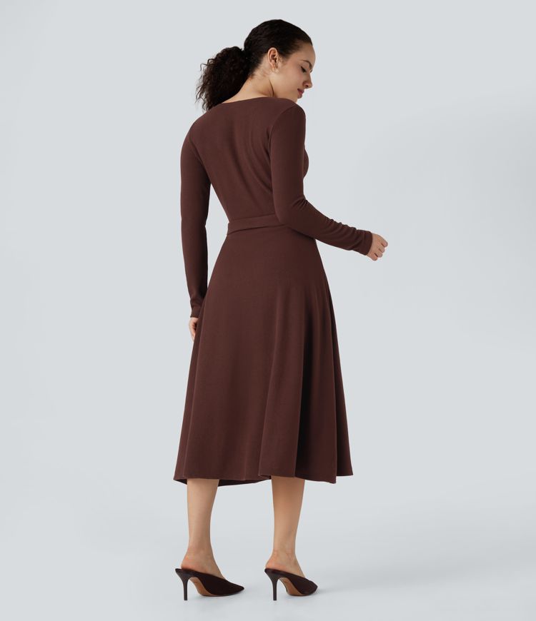 Ribbed Knit V-neck Long Sleeve Belted Midi Work Flowy Dress
