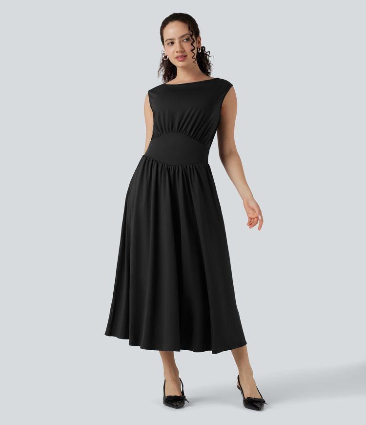 Tummy Control Sleeveless Tie Back Midi Bridesmaid and Wedding Guest Dress