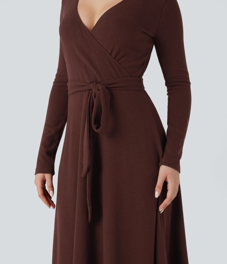 Ribbed Knit V-neck Long Sleeve Belted Midi Work Flowy Dress