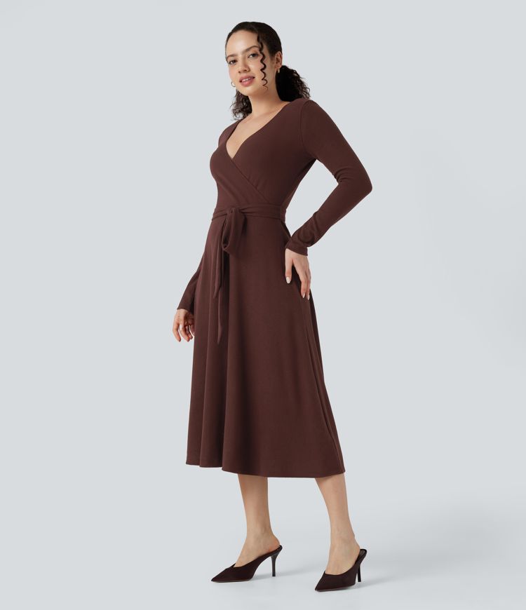 Ribbed Knit V-neck Long Sleeve Belted Midi Work Flowy Dress