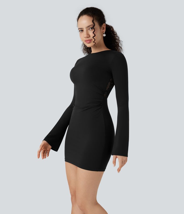SoftlyZero™ Contrast Lace Long Sleeve Ruched Bodycon Mini Party Dress-UPF50+