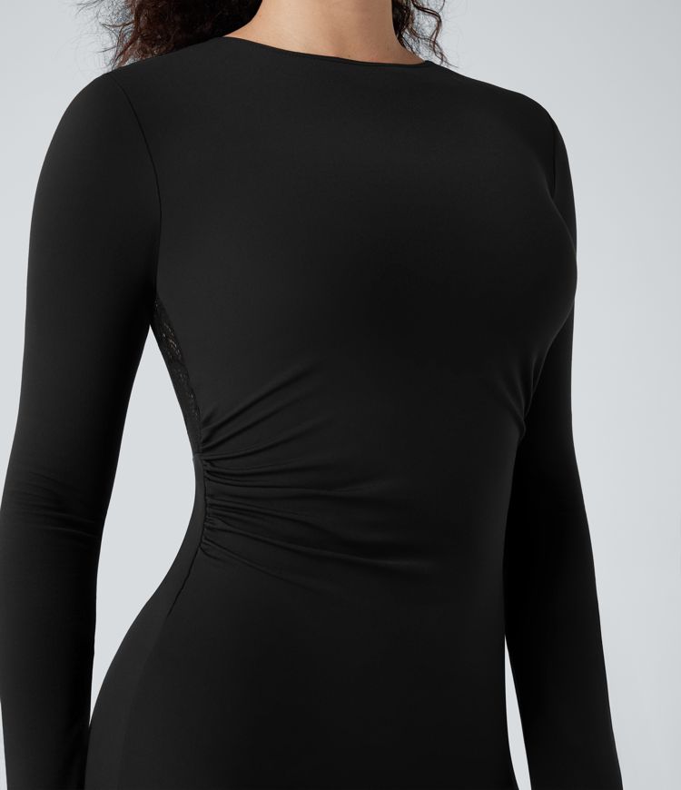 SoftlyZero™ Contrast Lace Long Sleeve Ruched Bodycon Mini Party Dress-UPF50+