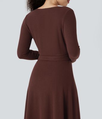 Ribbed Knit V-neck Long Sleeve Belted Midi Work Flowy Dress