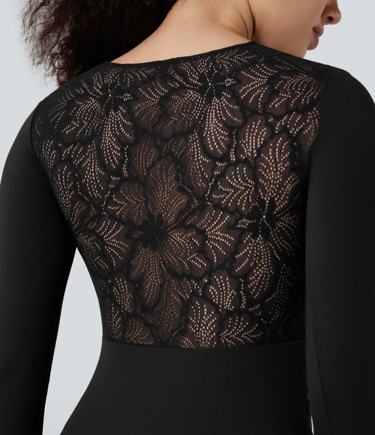 SoftlyZero™ Contrast Lace Long Sleeve Ruched Bodycon Mini Party Dress-UPF50+