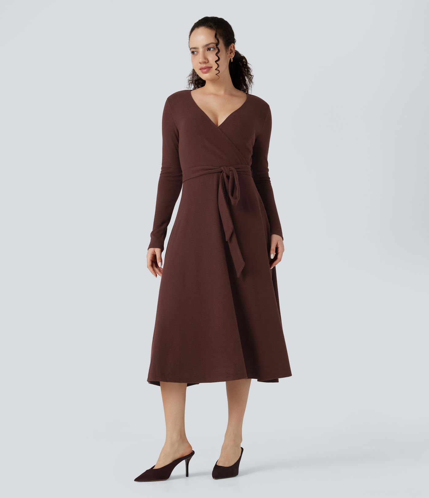 Ribbed Knit V-neck Long Sleeve Belted Midi Work Flowy Dress